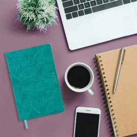 Ежедневник датированный 2026 А5 138x213мм BRAUBERG Foliage, под кожу гибкий, бирюзовый, 117127