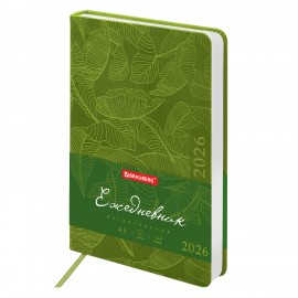 Ежедневник датированный 2026 А5 138x213мм BRAUBERG Foliage, под кожу гибкий, зеленый, 117128
