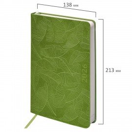 Ежедневник датированный 2026 А5 138x213мм BRAUBERG Foliage, под кожу гибкий, зеленый, 117128