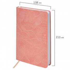Ежедневник датированный 2026 А5 138x213мм BRAUBERG Foliage, под кожу гибкий, розовый, 117129