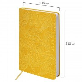 Ежедневник датированный 2026 А5 138x213мм BRAUBERG Foliage, под кожу гибкий, желтый, 117130