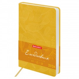 Ежедневник датированный 2026 А5 138x213мм BRAUBERG Foliage, под кожу гибкий, желтый, 117130