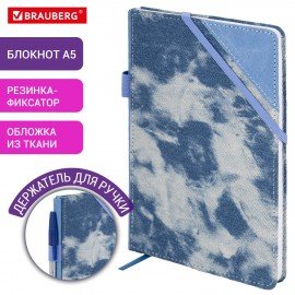 Блокнот А5 135x210мм BRAUBERG "Denim", ткань/экокожа, резинка, держатель, 80л клетка, голубой, 117138
