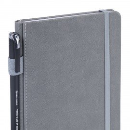 Блокнот А5 135x212мм BRAUBERG "Soft touch" под кожу, резинка, держатель, 80л клетка, серый, 117146