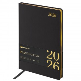 Еженедельник датированный 2026 БОЛЬШОЙ ФОРМАТ 210х297мм А4 BRAUBERG Iguana, под кожу, черный, 117153