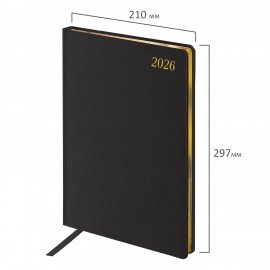 Еженедельник датированный 2026 БОЛЬШОЙ ФОРМАТ 210х297мм А4 BRAUBERG Iguana, под кожу, черный, 117153