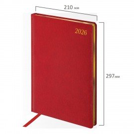 Еженедельник датированный 2026 БОЛЬШОЙ ФОРМАТ 210х297мм А4 BRAUBERG Iguana, под кожу, красный, 117154