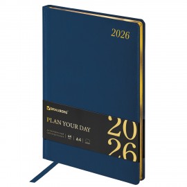 Еженедельник датированный 2026 БОЛЬШОЙ ФОРМАТ 210х297мм А4 BRAUBERG Iguana, под кожу, синий, 117155
