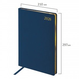 Еженедельник датированный 2026 БОЛЬШОЙ ФОРМАТ 210х297мм А4 BRAUBERG Iguana, под кожу, синий, 117155