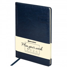 Еженедельник датированный 2026 БОЛЬШОЙ ФОРМАТ 210х297мм А4 BRAUBERG Imperial, под кожу, синий, 117157