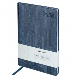 Еженедельник датированный 2026 БОЛЬШОЙ ФОРМАТ 210х297мм А4 BRAUBERG Wood, под кожу, синий, 117158