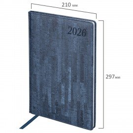 Еженедельник датированный 2026 БОЛЬШОЙ ФОРМАТ 210х297мм А4 BRAUBERG Wood, под кожу, синий, 117158