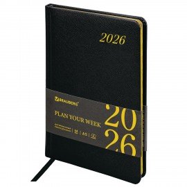 Еженедельник датированный 2026 А5 145х215мм BRAUBERG Iguana, под кожу, черный, 117171