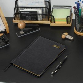 Еженедельник датированный 2026 А5 145х215мм BRAUBERG Iguana, под кожу, черный, 117171