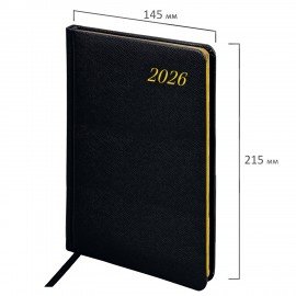 Еженедельник датированный 2026 А5 145х215мм BRAUBERG Iguana, под кожу, черный, 117171