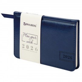 Еженедельник датированный 2026 МАЛЫЙ ФОРМАТ 95х155мм А6 BRAUBERG Imperial, под кожу, синий, 117187