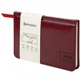 Еженедельник датированный 2026 МАЛЫЙ ФОРМАТ 95х155мм А6 BRAUBERG Imperial, под кожу, бордо, 117188