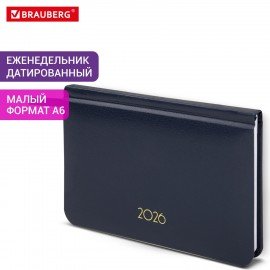 Еженедельник датированный 2026 МАЛЫЙ ФОРМАТ 95х155мм А6 BRAUBERG Select, балакрон, темно-синий, 117192