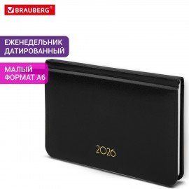 Еженедельник датированный 2026 МАЛЫЙ ФОРМАТ 95х155мм А6 BRAUBERG Select, балакрон, черный, 117193