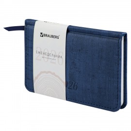 Еженедельник датированный 2026 МАЛЫЙ ФОРМАТ 95х155мм А6 BRAUBERG Wood, под кожу, синий, 117195