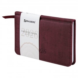 Еженедельник датированный 2026 МАЛЫЙ ФОРМАТ 95х155мм А6 BRAUBERG Wood, под кожу, бордо, 117196