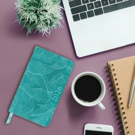 Еженедельник датированный 2026 МАЛЫЙ ФОРМАТ 95х155мм А6 BRAUBERG Foliage, под кожу, бирюза, 117197