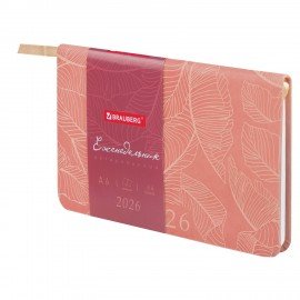 Еженедельник датированный 2026 МАЛЫЙ ФОРМАТ 95х155мм А6 BRAUBERG Foliage, под кожу, розовый, 117199