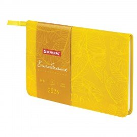 Еженедельник датированный 2026 МАЛЫЙ ФОРМАТ 95х155мм А6 BRAUBERG Foliage, под кожу, желтый, 117200