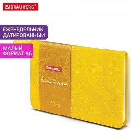 Еженедельник датированный 2026 МАЛЫЙ ФОРМАТ 95х155мм А6 BRAUBERG Foliage, под кожу, желтый, 117200