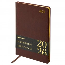 Ежедневник датированный 2026 БОЛЬШОЙ ФОРМАТ 210х297мм А4, BRAUBERG Iguana, под кожу, коричневый, 117244