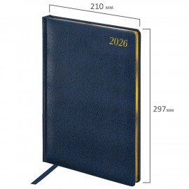 Ежедневник датированный 2026 БОЛЬШОЙ ФОРМАТ 210х297мм А4, BRAUBERG Iguana, под кожу, синий, 117245