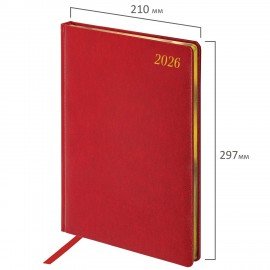 Ежедневник датированный 2026 БОЛЬШОЙ ФОРМАТ 210х297мм А4, BRAUBERG Iguana, под кожу, красный, 117246