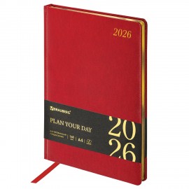 Ежедневник датированный 2026 БОЛЬШОЙ ФОРМАТ 210х297мм А4, BRAUBERG Iguana, под кожу, красный, 117246