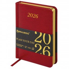 Ежедневник датированный 2026 МАЛЫЙ ФОРМАТ 100х150мм А6, BRAUBERG Iguana, под кожу, красный, 117251