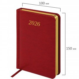 Ежедневник датированный 2026 МАЛЫЙ ФОРМАТ 100х150мм А6, BRAUBERG Iguana, под кожу, красный, 117251