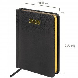Ежедневник датированный 2026 МАЛЫЙ ФОРМАТ 100х150мм А6, BRAUBERG Iguana, под кожу, черный, 117252