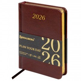 Ежедневник датированный 2026 МАЛЫЙ ФОРМАТ 100х150мм А6, BRAUBERG Iguana, под кожу, коричневый, 117253
