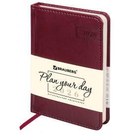 Ежедневник датированный 2026 МАЛЫЙ ФОРМАТ 100х150мм А6, BRAUBERG Imperial, под кожу, бордо, 117254
