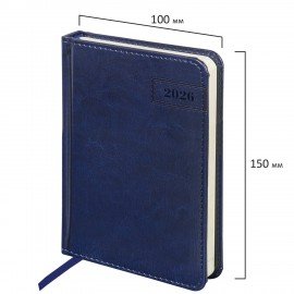 Ежедневник датированный 2026 МАЛЫЙ ФОРМАТ 100х150мм А6, BRAUBERG Imperial, под кожу, синий, 117255