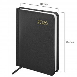 Ежедневник датированный 2026 МАЛЫЙ ФОРМАТ 100х150мм А6, BRAUBERG Select, балакрон, черный, 117260