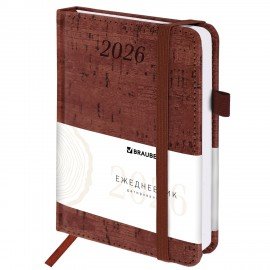 Ежедневник датированный 2026 МАЛЫЙ ФОРМАТ 100х150мм А6, BRAUBERG Wood, под кожу, коричневый, 117263