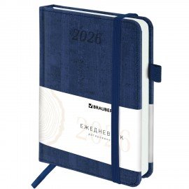 Ежедневник датированный 2026 МАЛЫЙ ФОРМАТ 100х150мм А6, BRAUBERG Wood, под кожу, синий, 117264