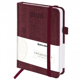 Ежедневник датированный 2026 МАЛЫЙ ФОРМАТ 100х150мм А6, BRAUBERG Wood, под кожу, бордовый, 117265