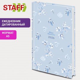 Ежедневник датированный 2026 145х215мм, А5, STAFF, ламинированная обложка, "Blue Flowers", 117316