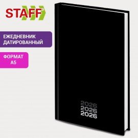 Ежедневник датированный 2026 145х215мм, А5, STAFF, ламинированная обложка, Black style, 117325