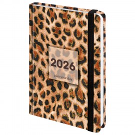Ежедневник датированный 2026 с резинкой 145х203 мм, А5, BRAUBERG, твердый, "Леопард", 117334