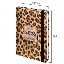 Ежедневник датированный 2026 с резинкой 145х203 мм, А5, BRAUBERG, твердый, "Леопард", 117334