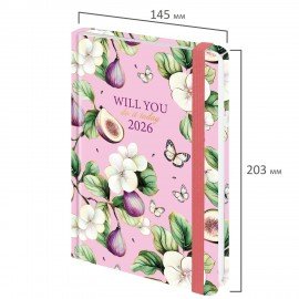 Ежедневник датированный 2026 с резинкой 145х203 мм, А5, BRAUBERG, твердый, "Цветущий инжир", 117337