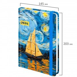 Ежедневник датированный 2026 с резинкой 145х203 мм, А5, BRAUBERG, твердый, фольга, "Живопись", 117342