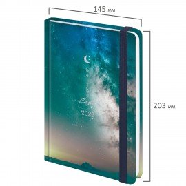 Ежедневник датированный 2026 с резинкой 145х203 мм, А5, BRAUBERG твердый, фольга, "Млечный путь", 117345